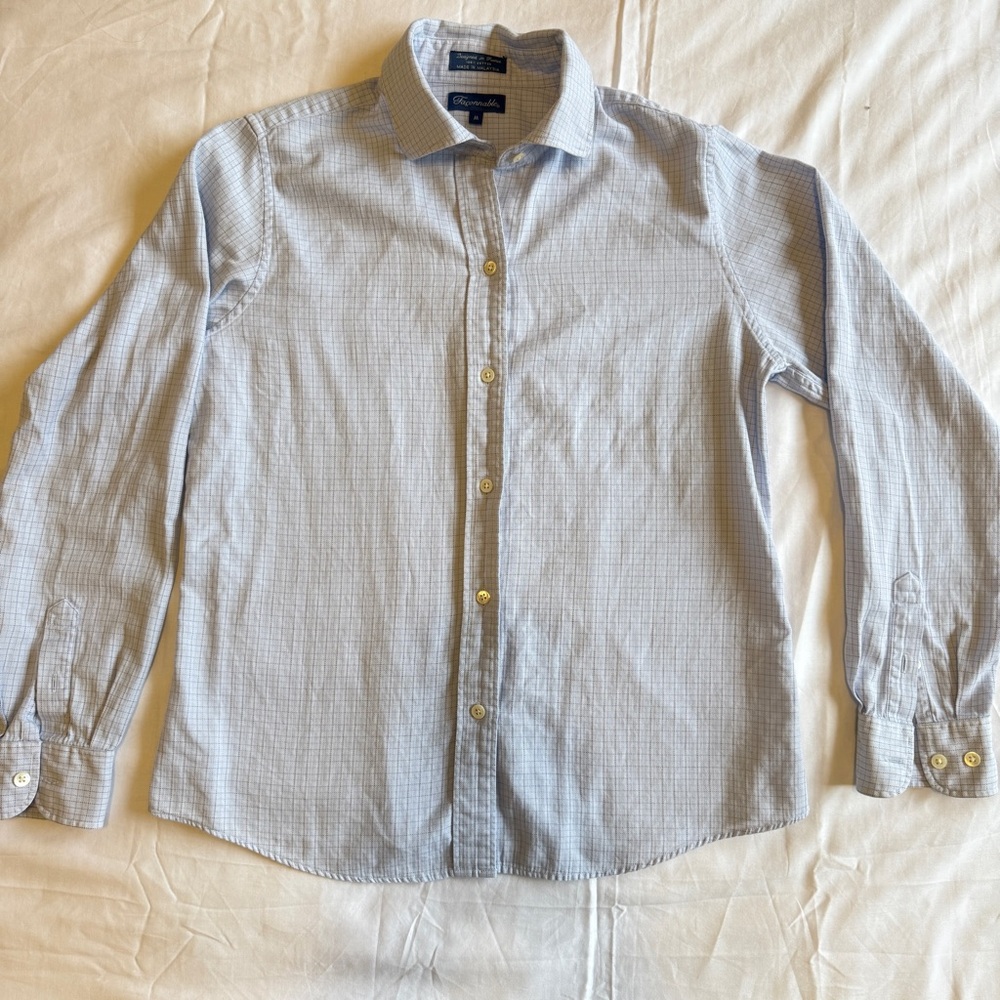 FACONNABLE Womens Blue Plaid Herringbone Button Down Shirt SIZE M